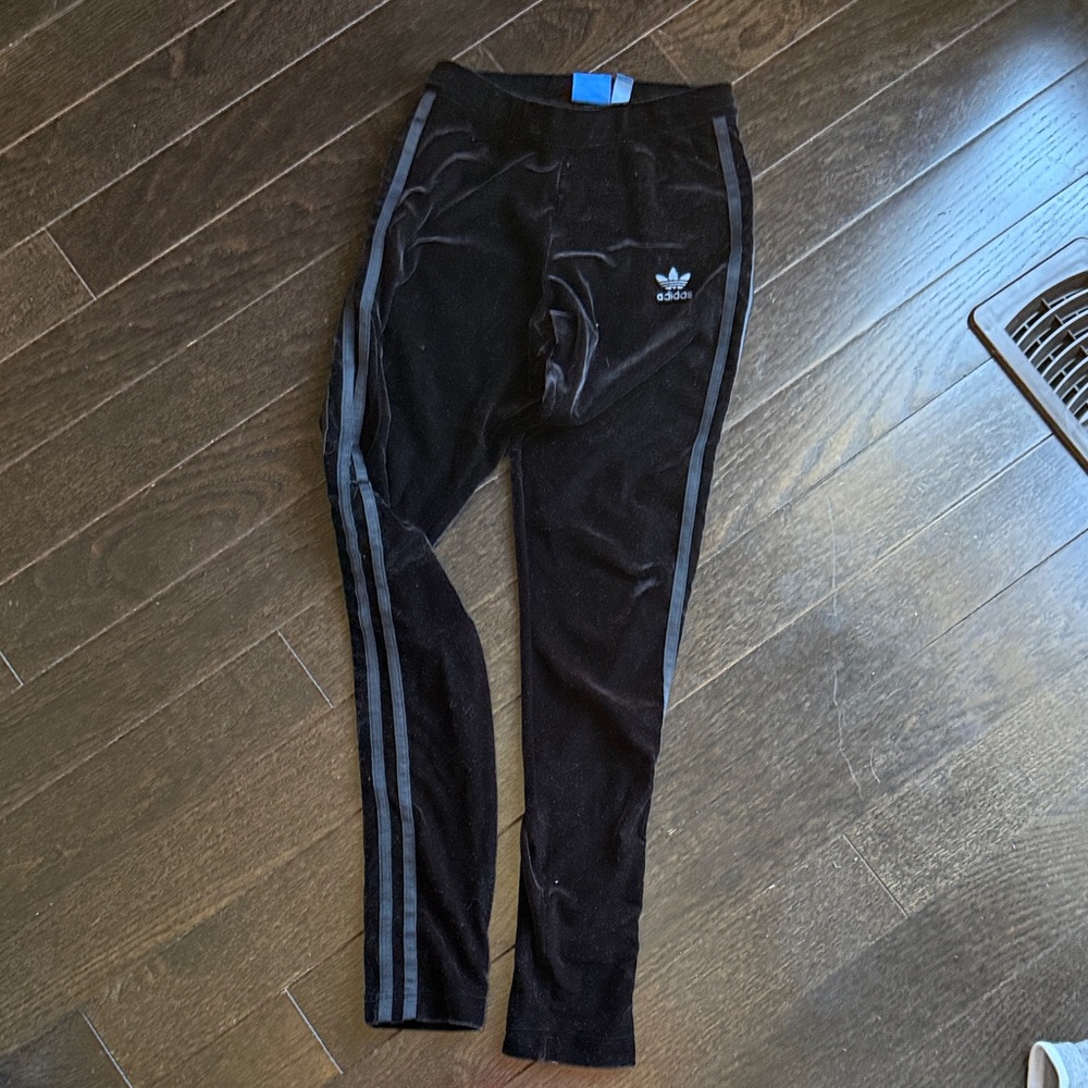 Adidas Velour Black Leggings with black Stripes